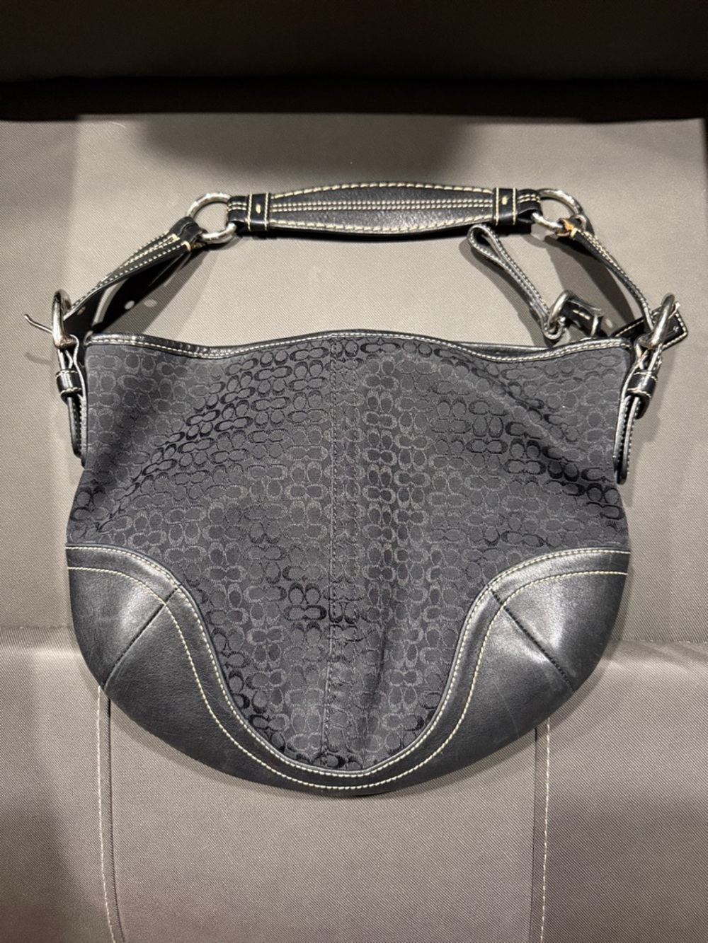 Coach Black Signature Jacquard Shoulder Bag with Leather Trim
